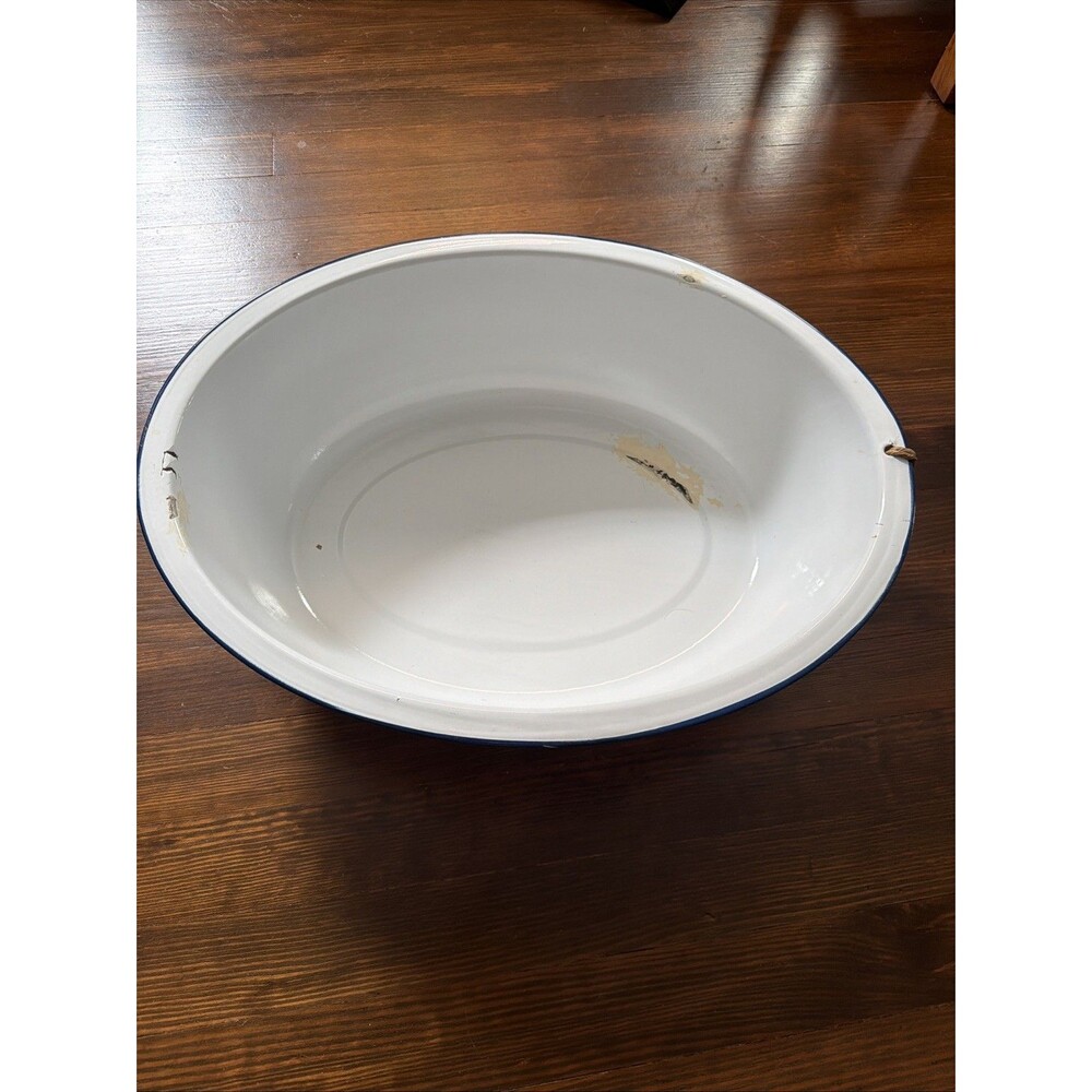 Vintage Large Enamel Ware Tub Basin Farm House Round Wash Bowl 20.5” White Red